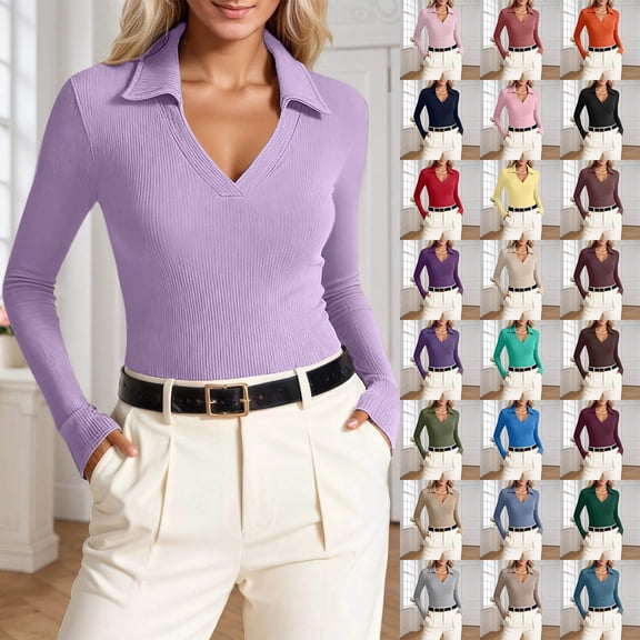 Polo Collar Dressy Casual T Shirt Women Long Sleeve Slim Fit Tee Basic Shirt Spring Fall Winter Top Army Green L