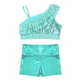 thumbnail image 6 of Doomiva Kids Girls Sequin Ruffle Crop Top with Shorts Set Sport Workout Gymnastics Dance Outfit Tracksuit Light Green 14, 6 of 7