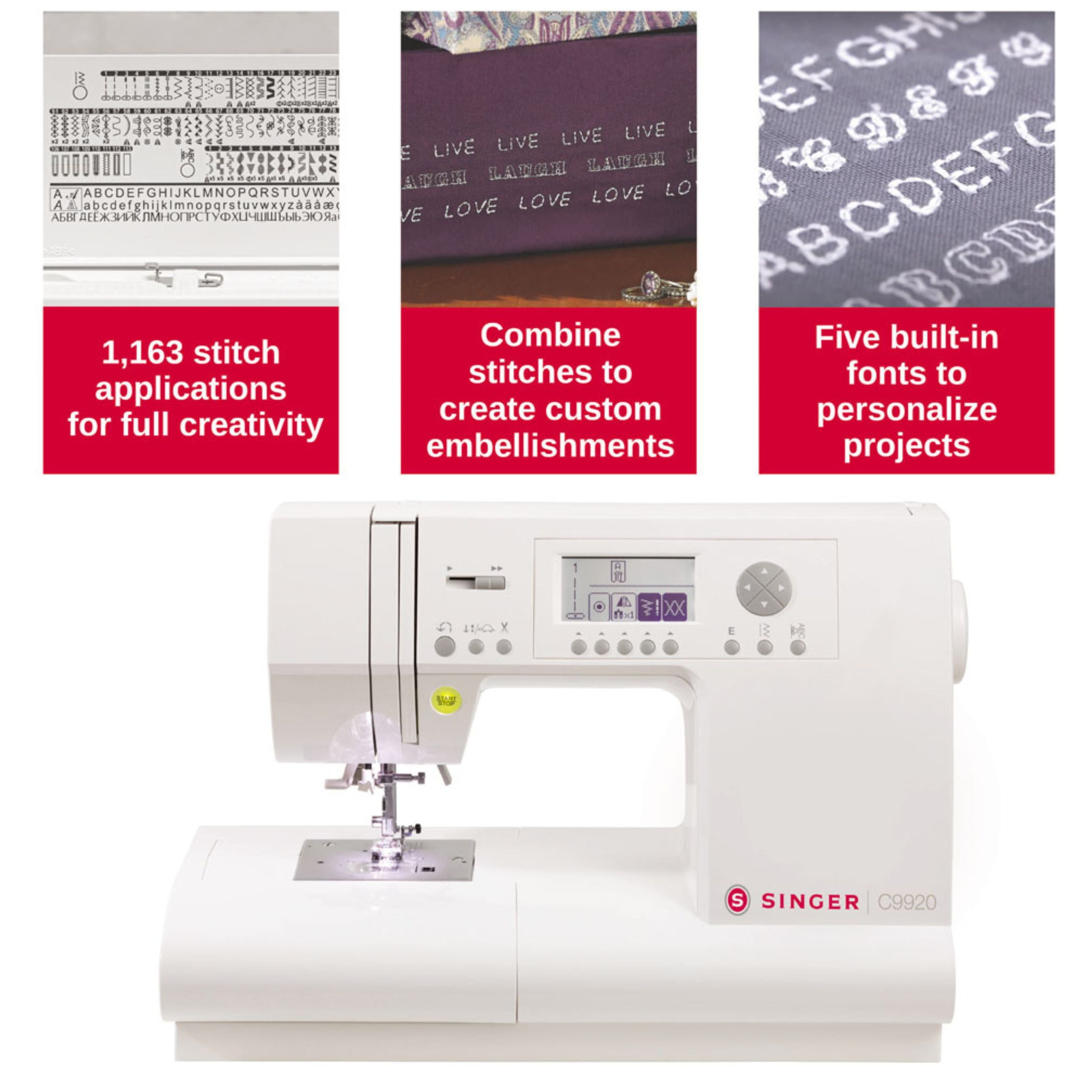 SINGER® C9920 Computerized Sewing Machine with Accessories | 810 built-in stitches deliver 1,163 Stitch Applications | 5 Lettering Fonts, Mirror Imaging, LCD Screen, Metal Frame