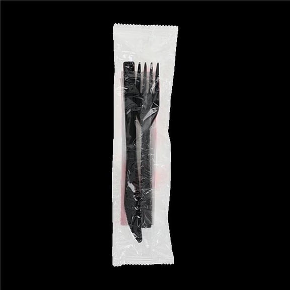 Individually Wrapped Heavyweight Plastic Gardenware Cutlery Fork/Knife/Napkin Kit - Black (500/Carton)