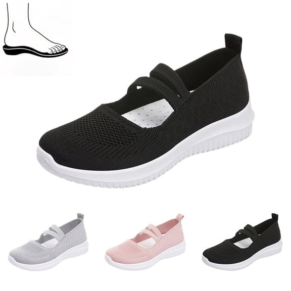 EKVAHL Women Mary Jane Walking Shoes Knit Slip-On Flats for Women, Diabetic Casual Nurse Shoes with Arch Support Black