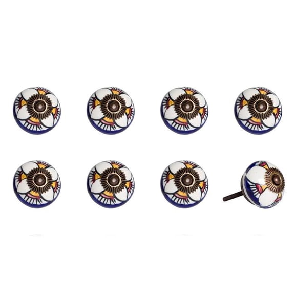 HomeRoots 544413 Blue & White Ceramic & Metal Drawer Pull Knobs - Set of 8