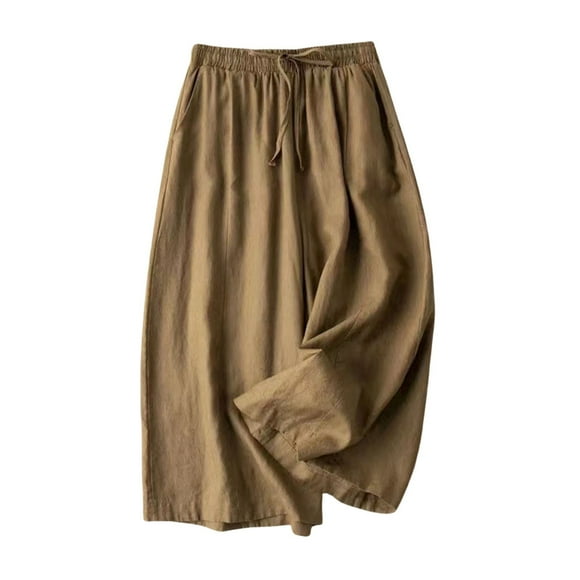 Bmisegm Women's Summer Falling Wide Leg Thin Skirt High Waisted Artistic Versatile Loose Casual Cropped Pants Pants for Women Khaki XXL