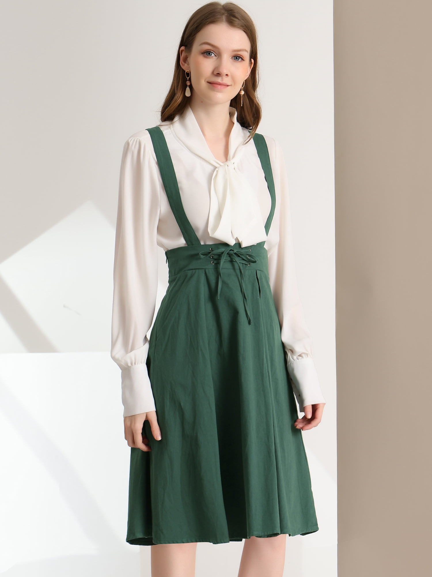 DARING DIVA Women's Cute High Waist Suspender Skirt Mini Dress S Dark Green