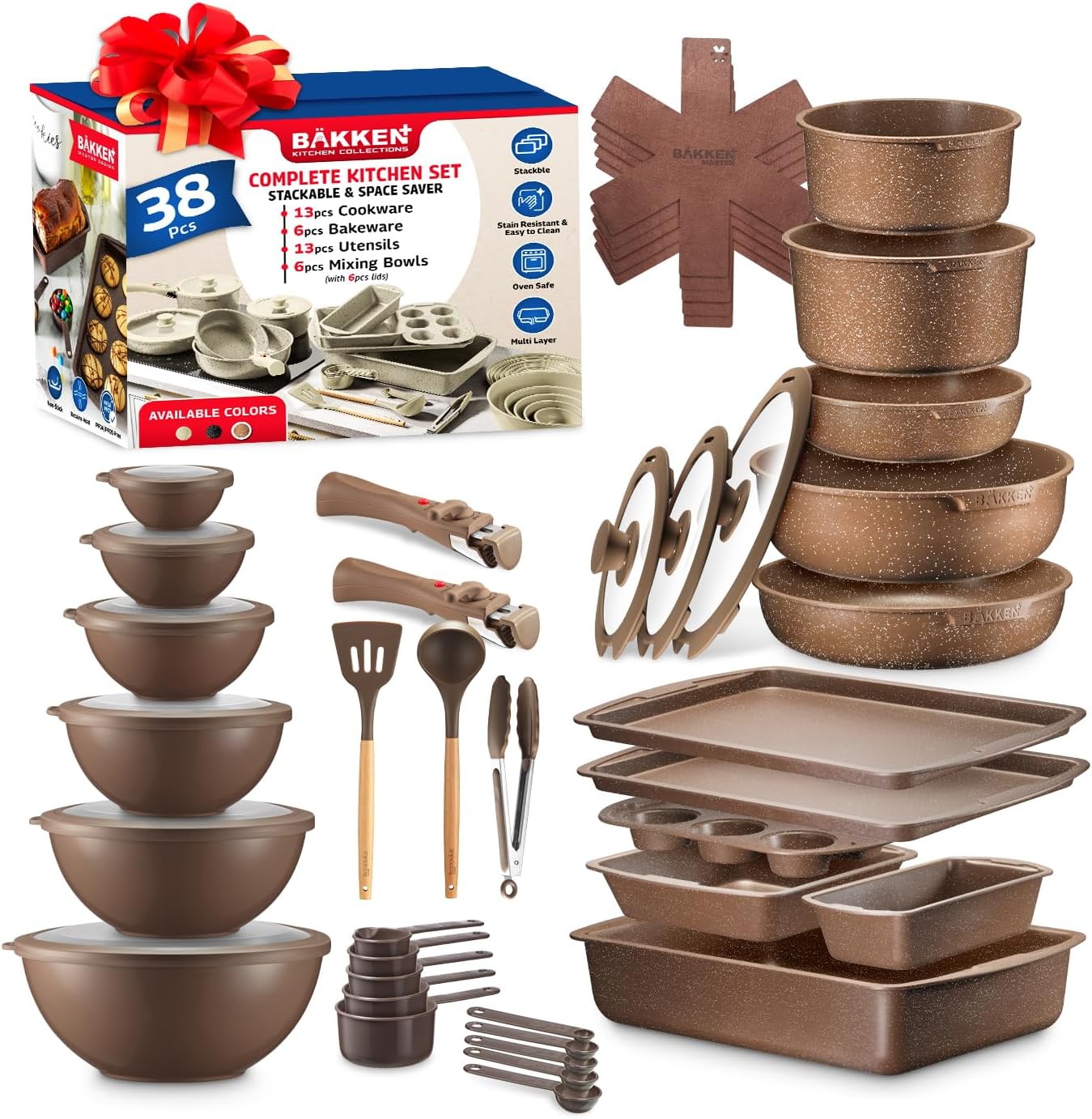 Bakken Master 38 Piece Granite Cookware and Bakeware Set β Nonstick Granite Coating, Pots and Pans with Detachable Handles and Tempered Glass Lids, 6-piece Bakeware set, 12-piece Mixing Bowls,Brown