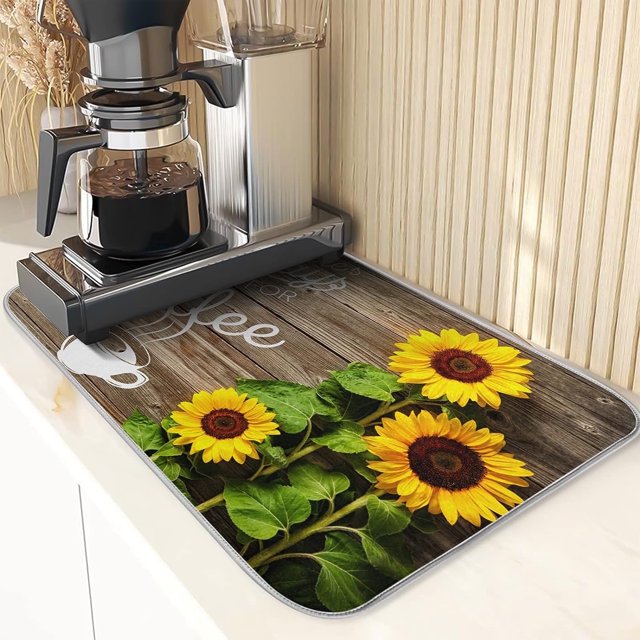 Sunflower Large Dish Drying Mat with Words for Kitchen Counter Microfiber Dishes Drainer Protector Pad with Hanging Loop Sinks Refrigerator 18 x 24 Inch