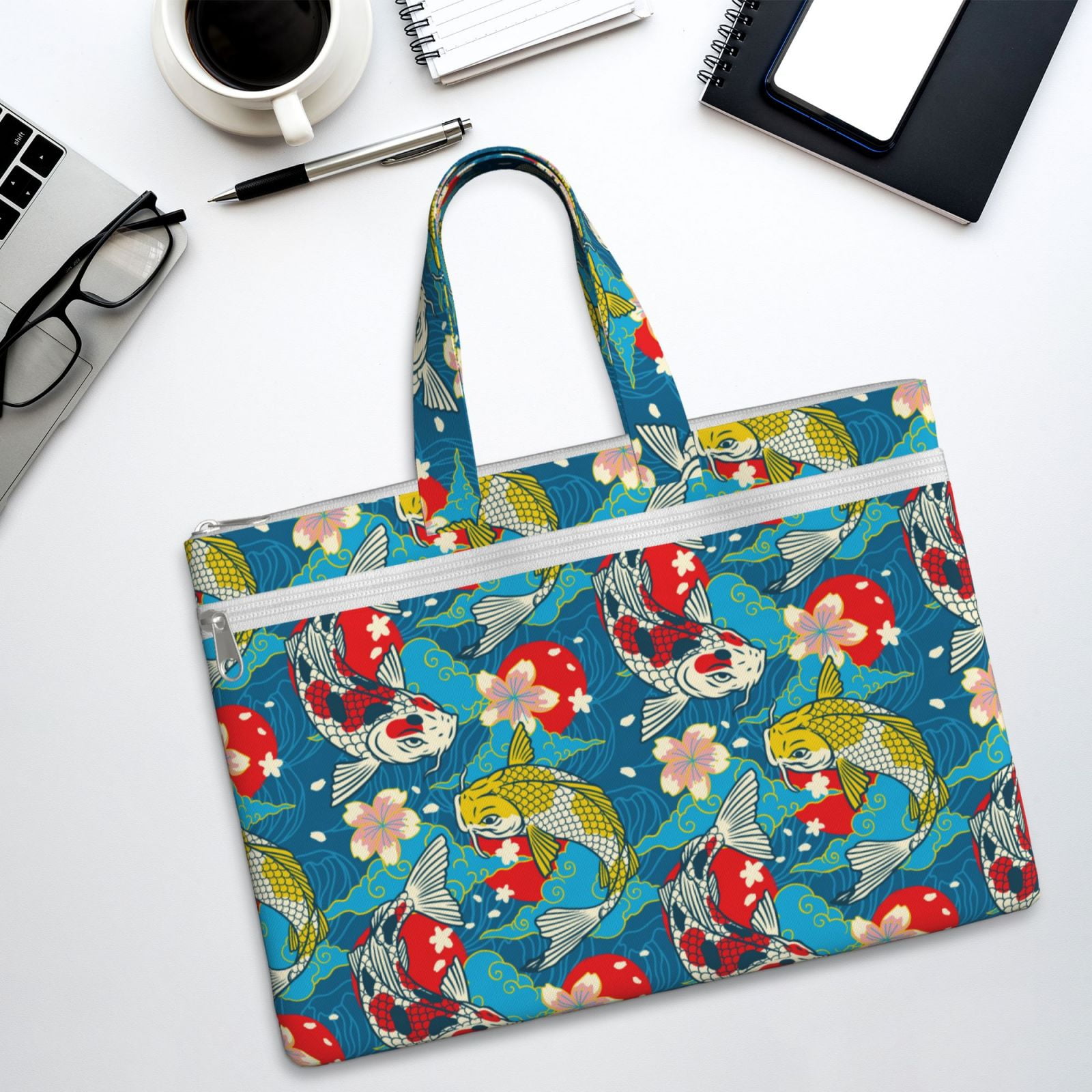 Kdxio Japanese Koi File Tote Document Bag Business Briefcase Bag Document Organizer Tote Briefcase for Letter A4 Files Business Teacher Office Bag