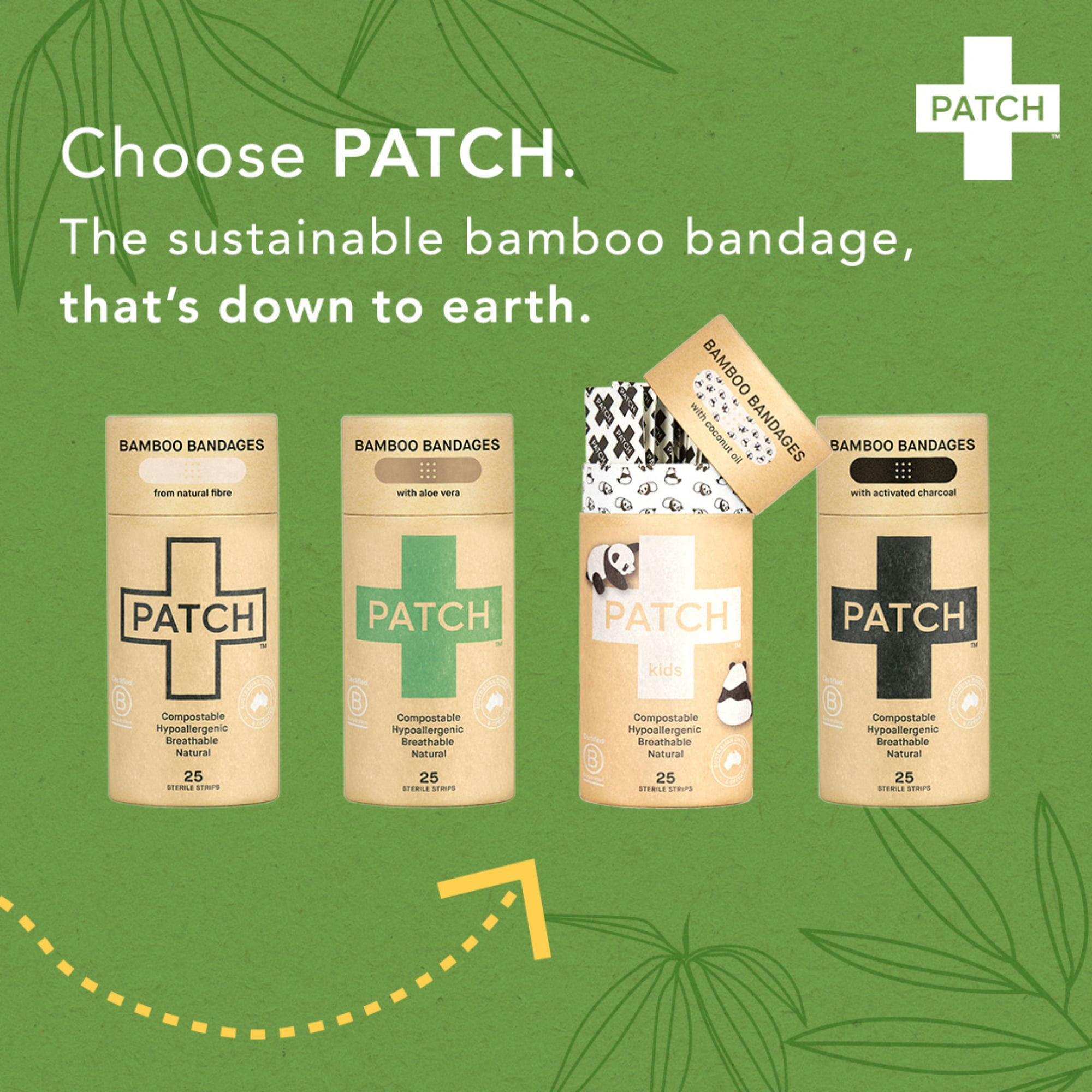 PATCH Eco-Friendly Sensitive Skin Friendly Bandages with Coconut Oil, Hypoallergenic Bandages for Sensitive Skin 25 count - 3pk