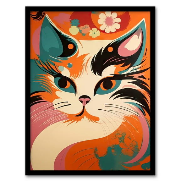 Cat Graphic 1960s Painting Orange Blue Teal Pink Floral Retro Boho Animal Portrait Art Print Framed Poster Wall Decor 12x16 inch