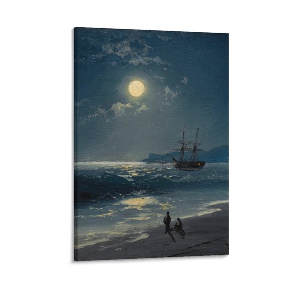 Sailboat Ancient Wooden Boat Ship Moon Seascape Wall Art Picture Painting Poster Canvas Print Posters Artworks Bedroom Living Room Decor 08x12inch(20x30cm)