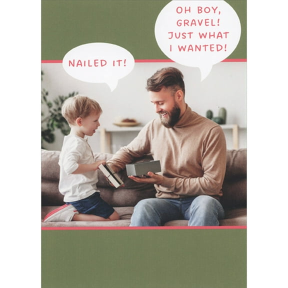 RSVP Oh Boy, Gravel: Boy Giving Dad a Gift Funny / Humorous Father's Day Card