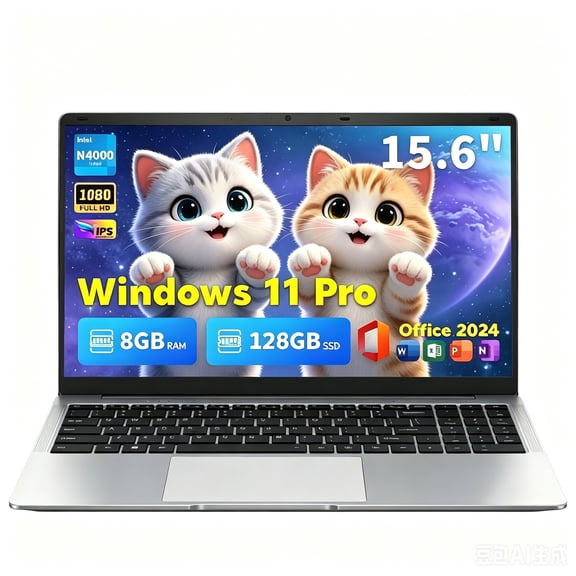 15.6" IPS FHD,Intel Celeron N4000,Laptop,8GB RAM 128GB SSD,Windows 11 Pro MS Office 2024,Student Business Laptop Computer,Webcam,Silver