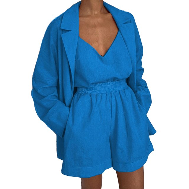 Conjunto de pantalones cortos a juego para mujer Conjunto de pantalones cortos de 3 piezas Conjunto deportivo Traje de vacaciones de color sólido Tmvgtek Para estrenar