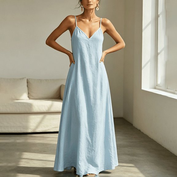 Morttic Women's Sexy Spaghetti Strap V-Neck Maxi Dress with Pockets – Flowy A-Line Summer Sundress Casual Daily Wear Light Blue,S