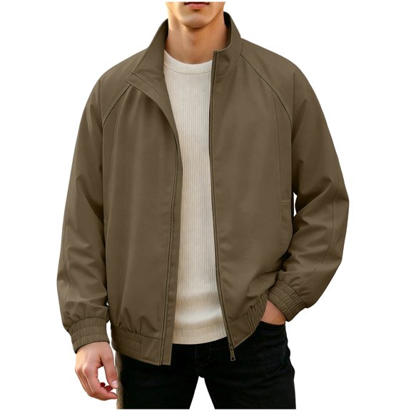 Mens Jacket Versatile Stand Up Collar Jacket Solid Color Raglan Sleeves With Elastic Closure Fashion Casual Lightweight Outerwear Jackets For Daily Use