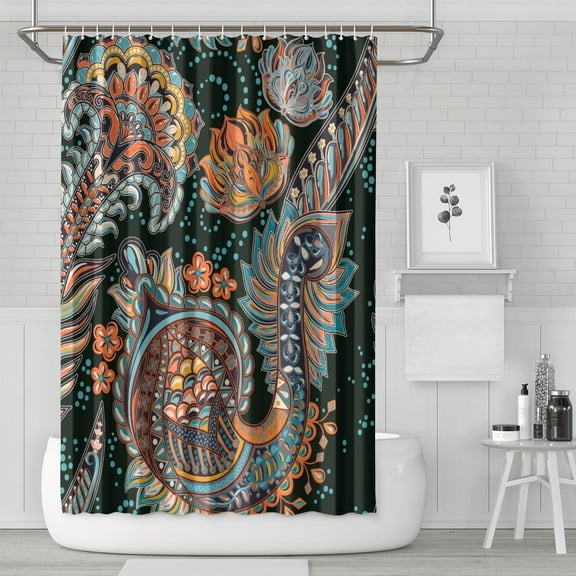 Ethnic Paisley Ornament Shower Curtain Mandala Inspired Exotic Artistic Waterproof Bath Drapes 72x72 Inch with 12 Hooks