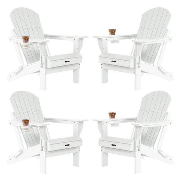 Withniture Folding Adirondack Chair Set of 4,HDPE Adirondack Chair with Cup Holder,Wood Texture Weather Resistant Adirondack Chair,Outdoor Plastic Fire Pit Chair for Patio, Deck and Garden,White