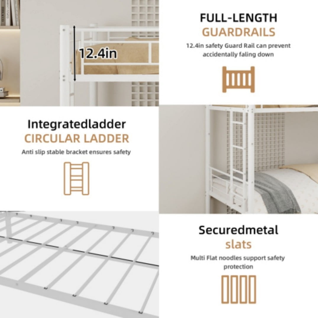 Twin Triple Bunk Bed, 3-in-1 Convertible Metal Bunk Bed Frame, Space-Saving Design with Guardrails & Ladder, Heavy-Duty Iron, White