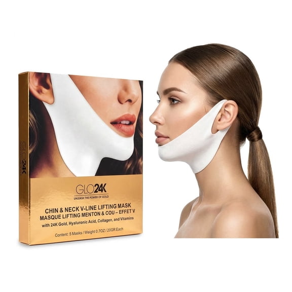 GLO24K Chin & Neck V-Line Lifting Mask with 24K Gold, Collagen & Hyaluronic Acid, 5 Count
