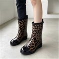 thumbnail image 6 of Women Floral Leopard Print Glossy Mid Calf Rain Boots Low Block Heel Non Slip Waterproof PVC Wellies for Gardening Daily Rainy Fashion Outfits Brown 40, 6 of 9