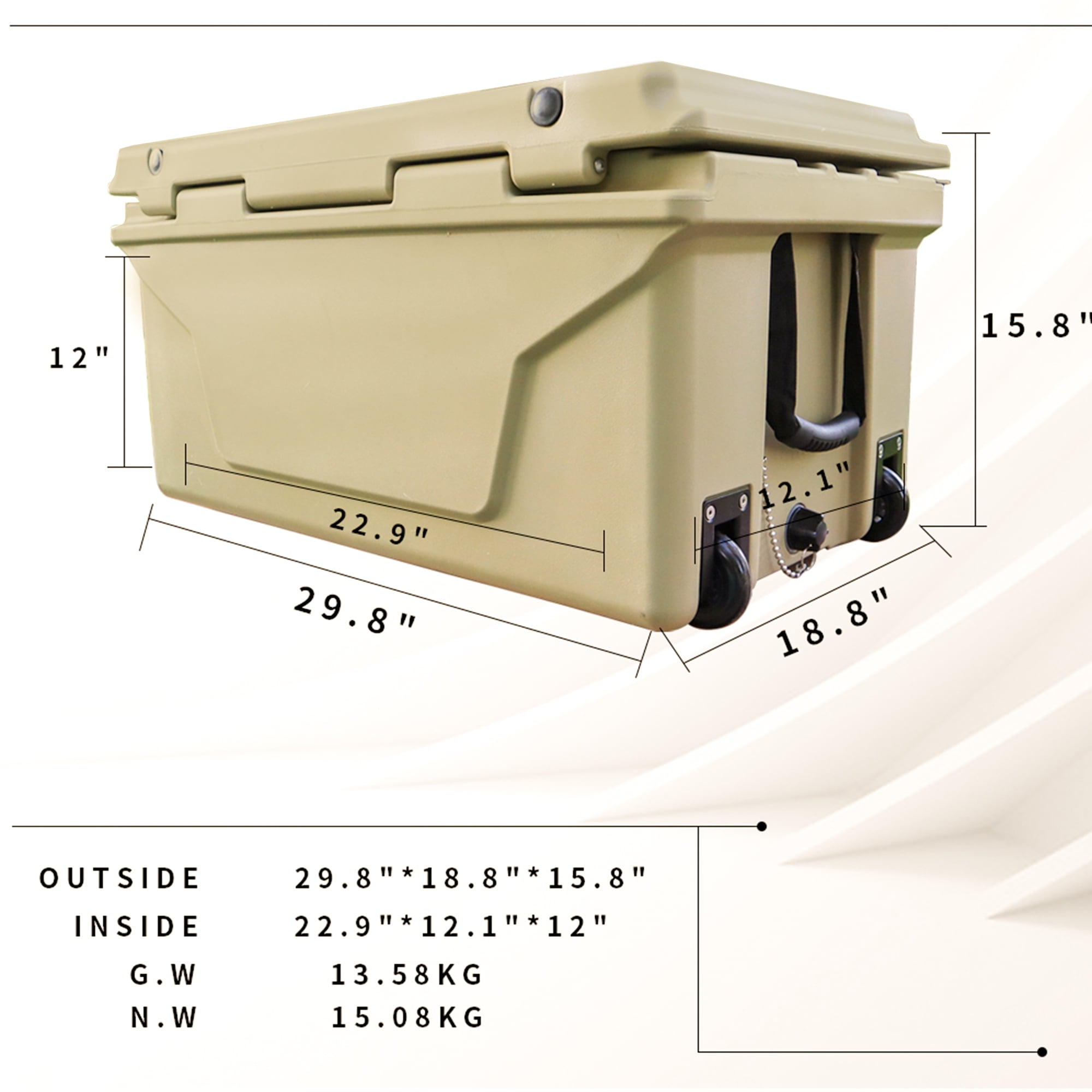 GDF Studio 65 QT Rotomolded Ice Cooler with Wheels, Heavy-Duty Camping & Fishing Ice Chest, Khaki