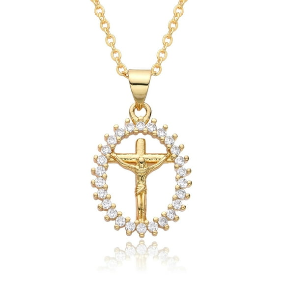 High Quality 14K Yellow Gold Clear Cubic Zirconia Women Baguette Religious Jesus Crucifix Cross Pendant Jewelry
