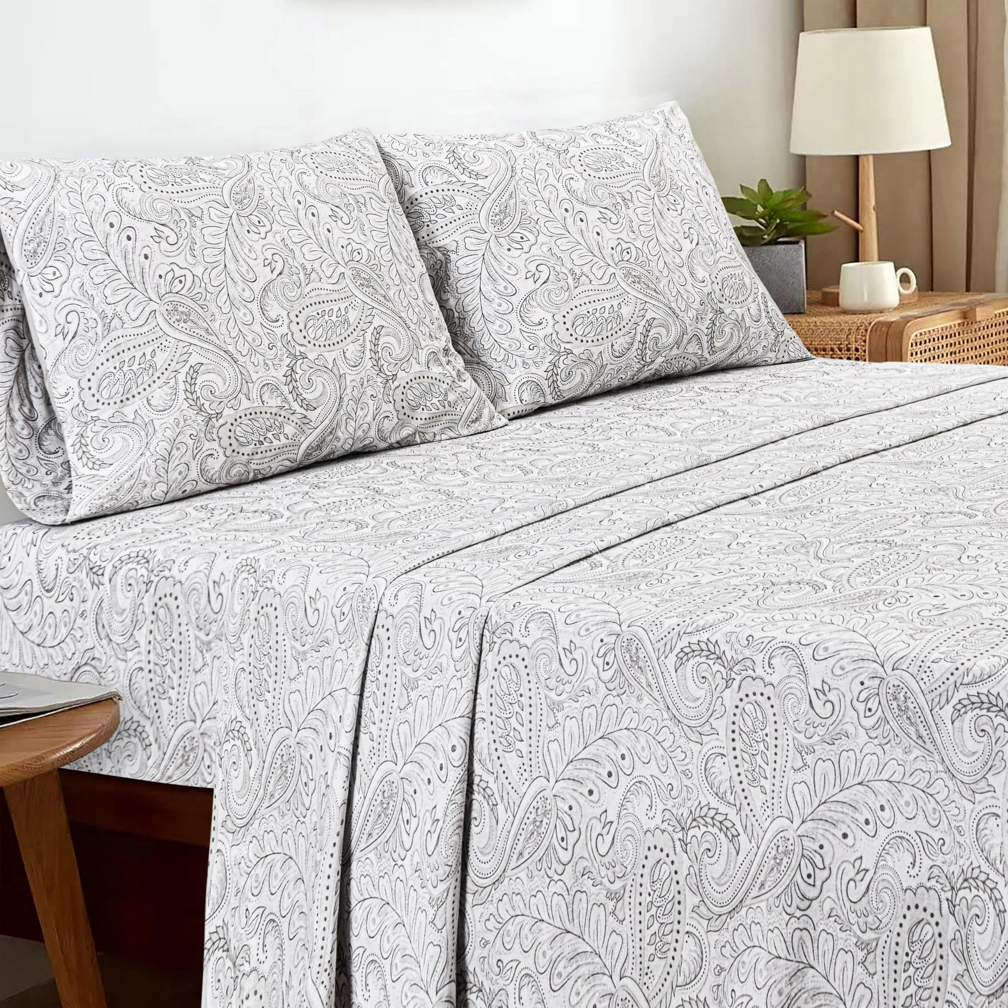 Sleepdown 100% Cotton Queen Sheet Set, Ultra Soft Cotton Bed Sheet, Cozy percale sheets Elastic Fitted Sheet Set Lightweight and breathable bedding set, Paisely Grey