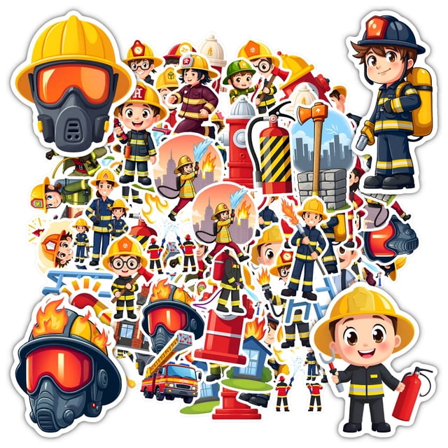 35pcs-50pcs Cute Firefighter Stickers Safety PVC Decals Emergency Fire Equipment for Laptops Suitcases Phone