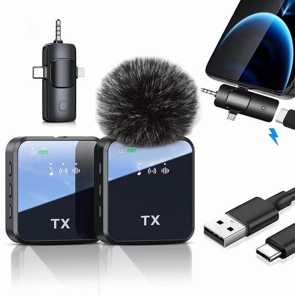 Wireless Microphone, 3-in-1 Receiver with Noise Cancelling Function, Wireless Lavalier Microphone for Video Recording, Podcasting, Vlog, Live Streaming, Audio