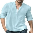 thumbnail image 1 of Men‘s Henley Shirt  Solid Color Long Sleeve Stand Collar Button-Down Loose Simple Linen Beach Tops, 1 of 4