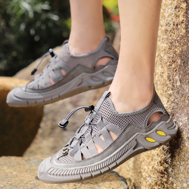 Sandalias para hombre, zapatos transpirables de cuero, sandalias hechas a mano, zapatillas para exteriores para hombre, sandalias casuales de verano para playa, estilo británico (25,5 cm)