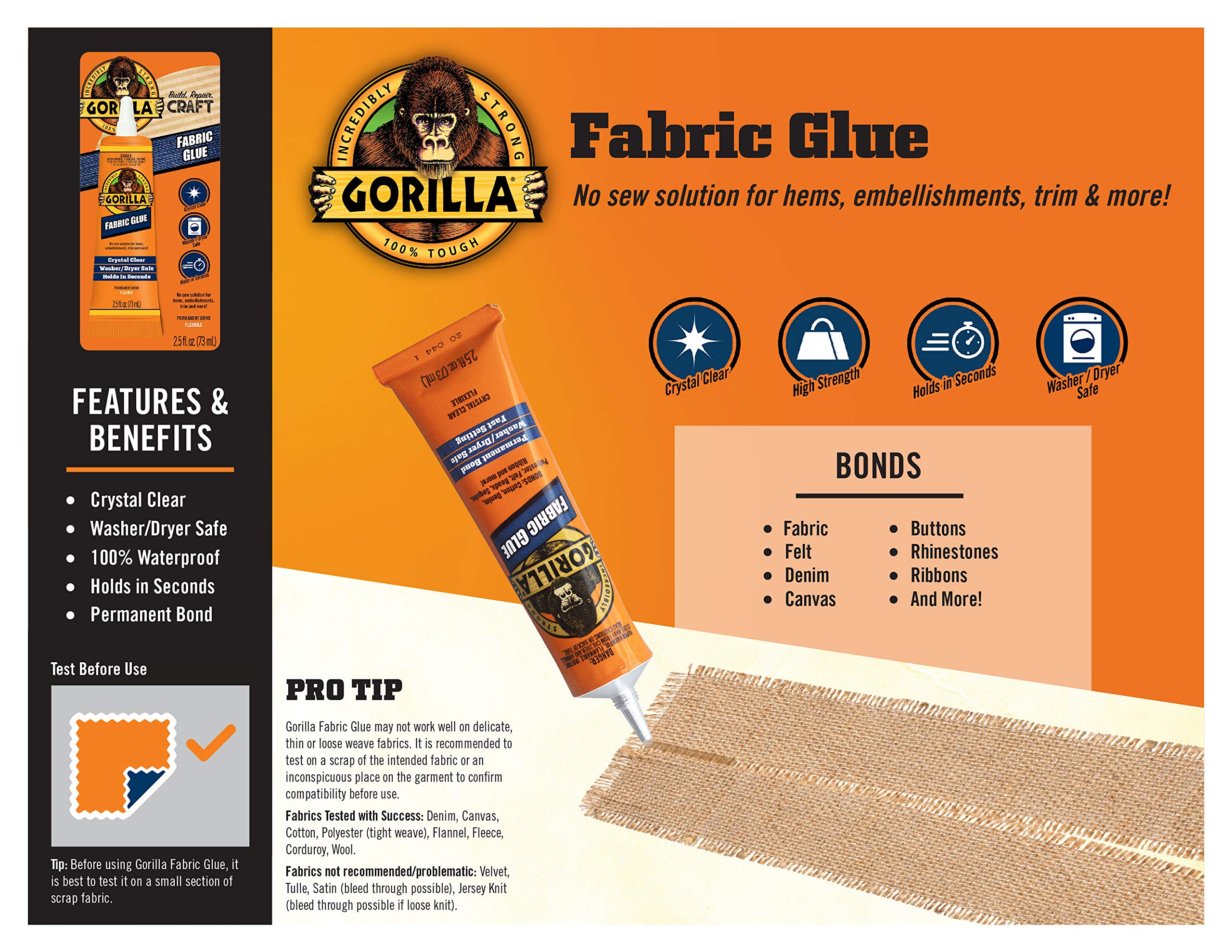 Gorilla Waterproof Glue for Fabric, Clear, 2.5 fl oz, 3 Pack