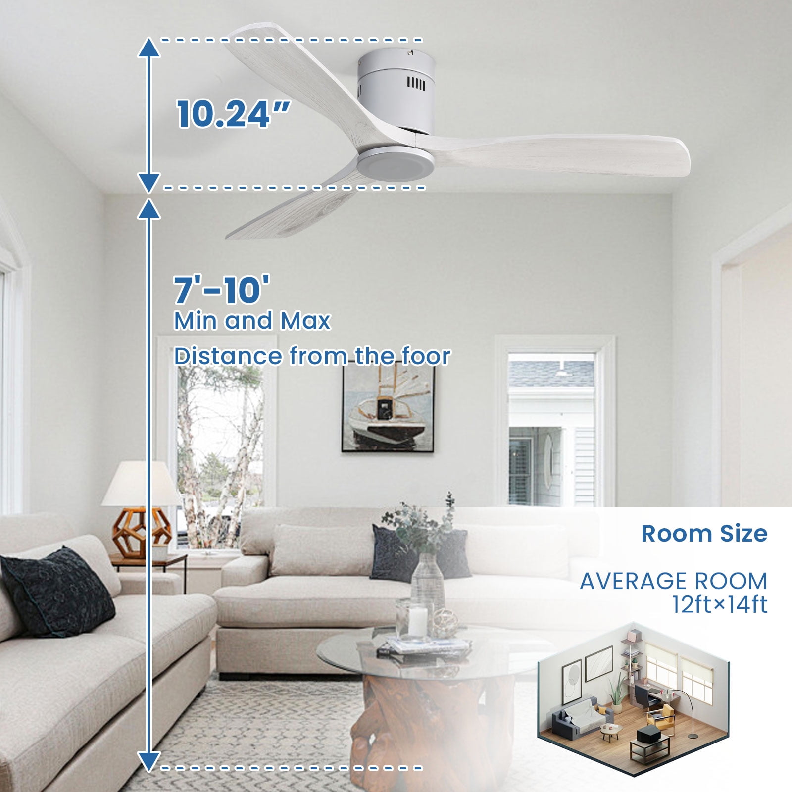 Sofucor 52 Inch Ceiling Fan Without Lights Flush Mount Ceiling Fan with Remote Control, Wood Blades , Silver