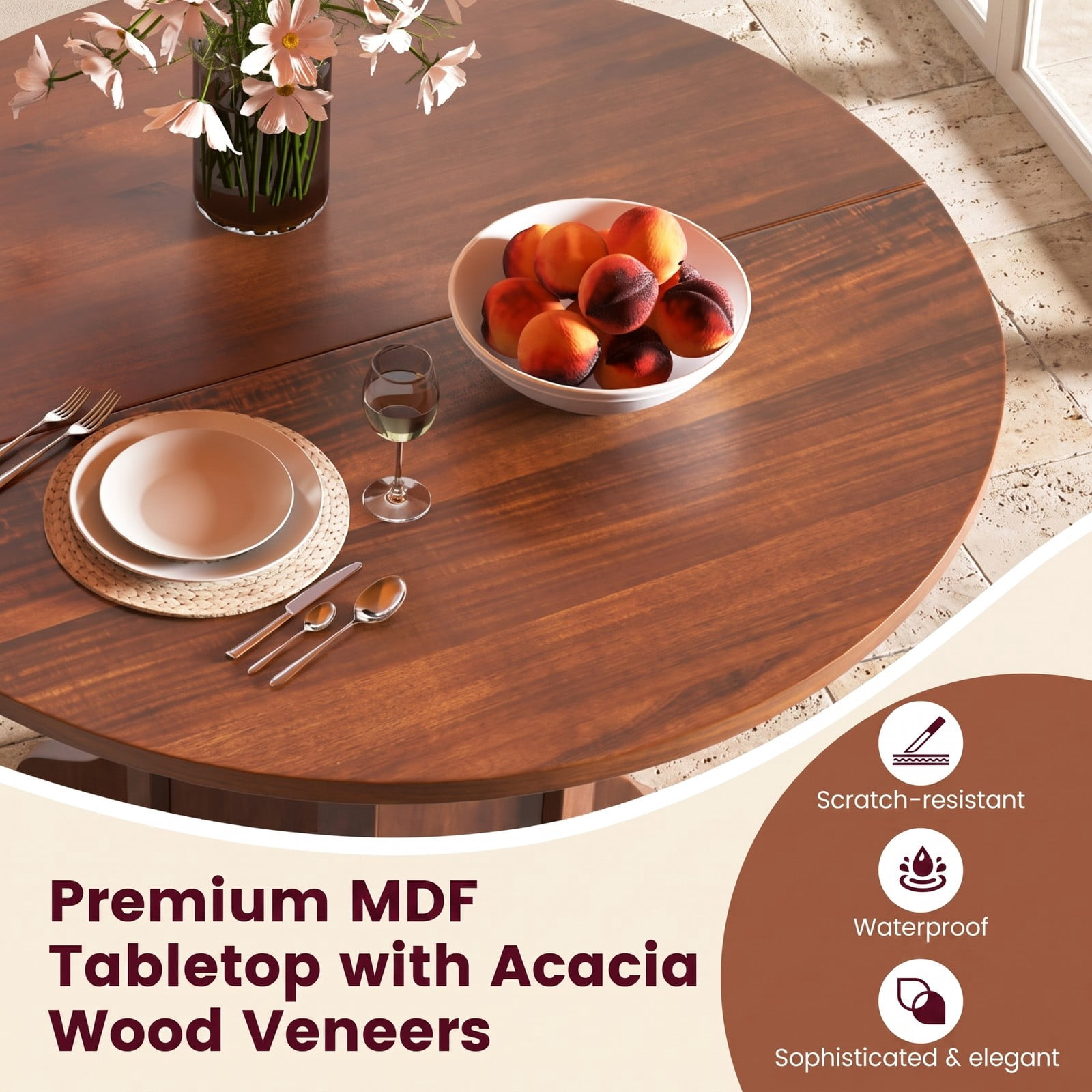 Furnibear Round Dining Table for 4-6 People, 42 Inch Kitchen Dinner Table with Pedestal Base, Waterproof MDF Tabletop with Acacia Wood Veneer for Kitchen, Walnut