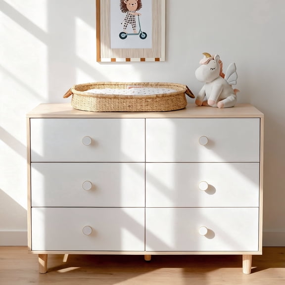 White 6 Drawer Dresser for Bedroom, Modern Wood Chest of Drawers with Solid Wood Legs, Elegant Clothes Storage Cabinet for Bedroom or Living Room, White