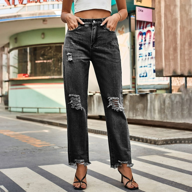 Gaecuw Popular Jeans for Women 2023 Regular Fit Long Pants Button Up Zipper  Lounge Trousers Ripped Pants Loose Baggy Jeans Mid Waisted Denim Summer  Pants with Pockets Straight Leg Solid Denim Pants 