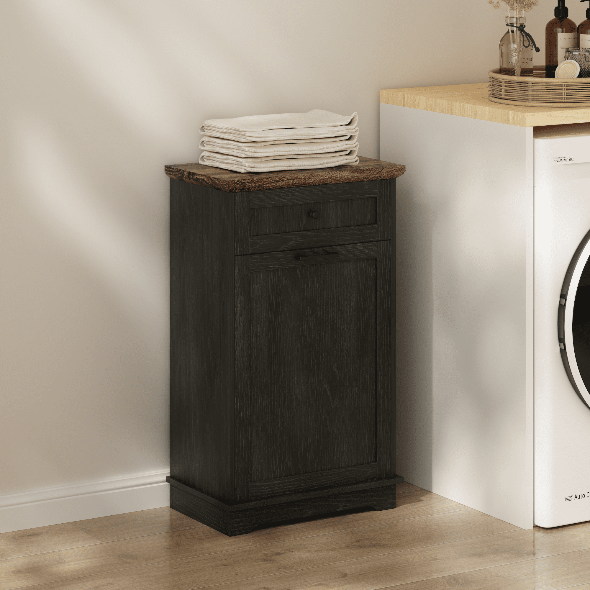 10 Gallon Tilt Out Trash Cabinet Freestanding Trash Bin Cabinet Wood Garbage Recycling Cabinet with Hideaway Drawer Pet Proof Trash Can Holder for Kitchen Living Room, Antique Black (not include can)