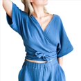 thumbnail image 3 of Blusas de Corta con Cuello en V para Mujer, Estilo Babydoll, con Lazo Frontal, Tops Cortos Informales Azul L, 3 of 10