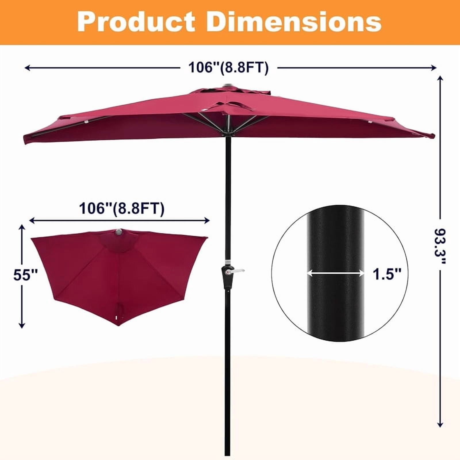 Simenmax 9 FT Half Umbrella Outdoor Patio, Scalloped Half Umbrella with Crank, Space-Saving Design for Poolside, Terrace,Red