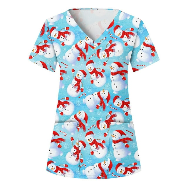 Snorda Women's Scrub Top Fashion Short Sleeve V-Neck Tops Working Uniform Printing Pocket Blouse Tops