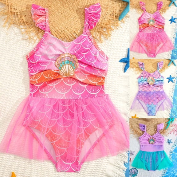 Girls Rash Guard Swimsuits with Layered Skirt Scale Printed Tutu Skirt Mesh Swimwear Dress Bathing for Kids