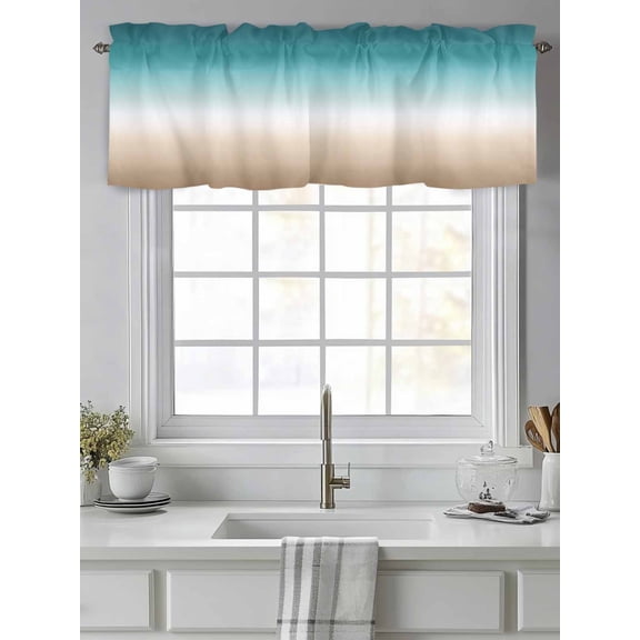 Teal to Khaki Gradient Art Valances for Windows,Kitchen Valance Rod Pocket Short Curtain,Turquoise Watercolor Style Valance Curtain Window Valances for Bedroom Living Room 54"x18"
