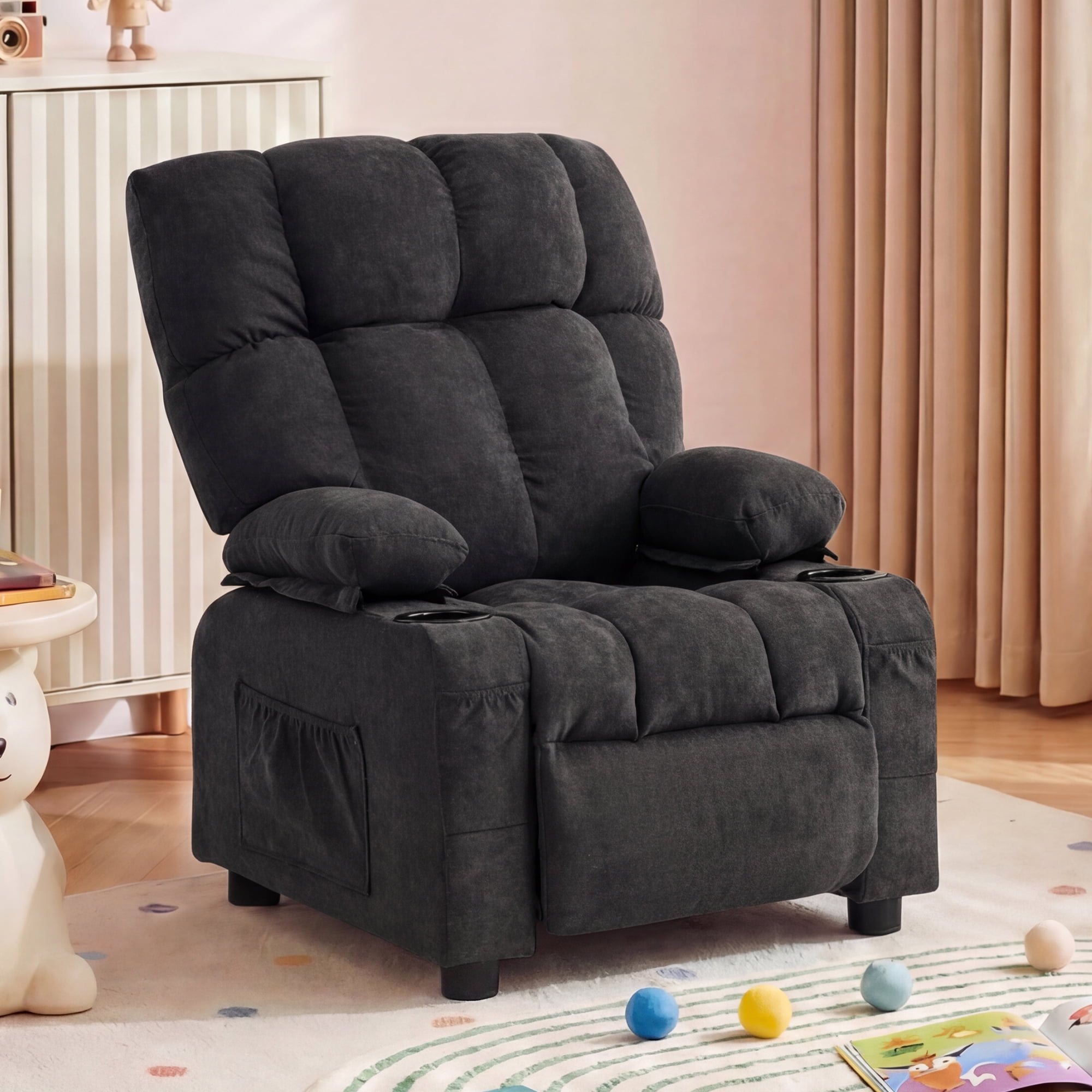 JONPONY Kids Recliner Chair,Push Back Toddler Recliner with Cup Holders & Side Pockets，Adjustable Footrest & Headrest Kids Sofa for Boys Girls 3+ Age Group，Children's Bedroom Furniture，Black