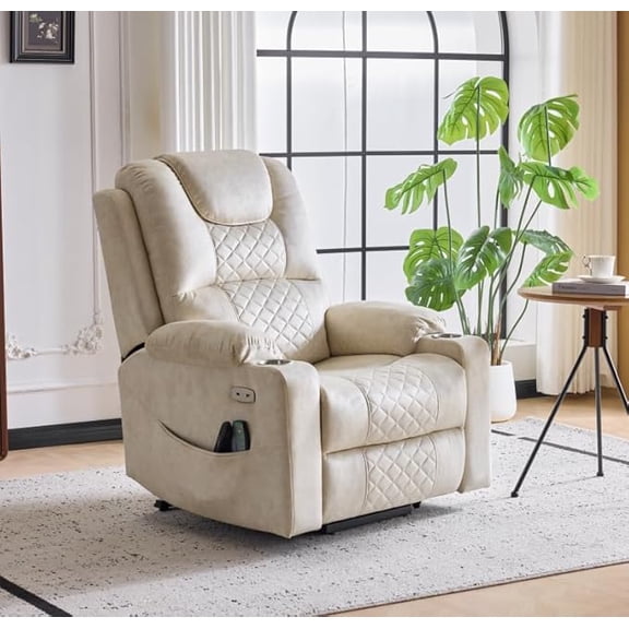 REHOUSING Adult Velvet Upholstered Home Electric Lift and Vibration Massage Recliner with Cupholders and USB-C Ports, White
