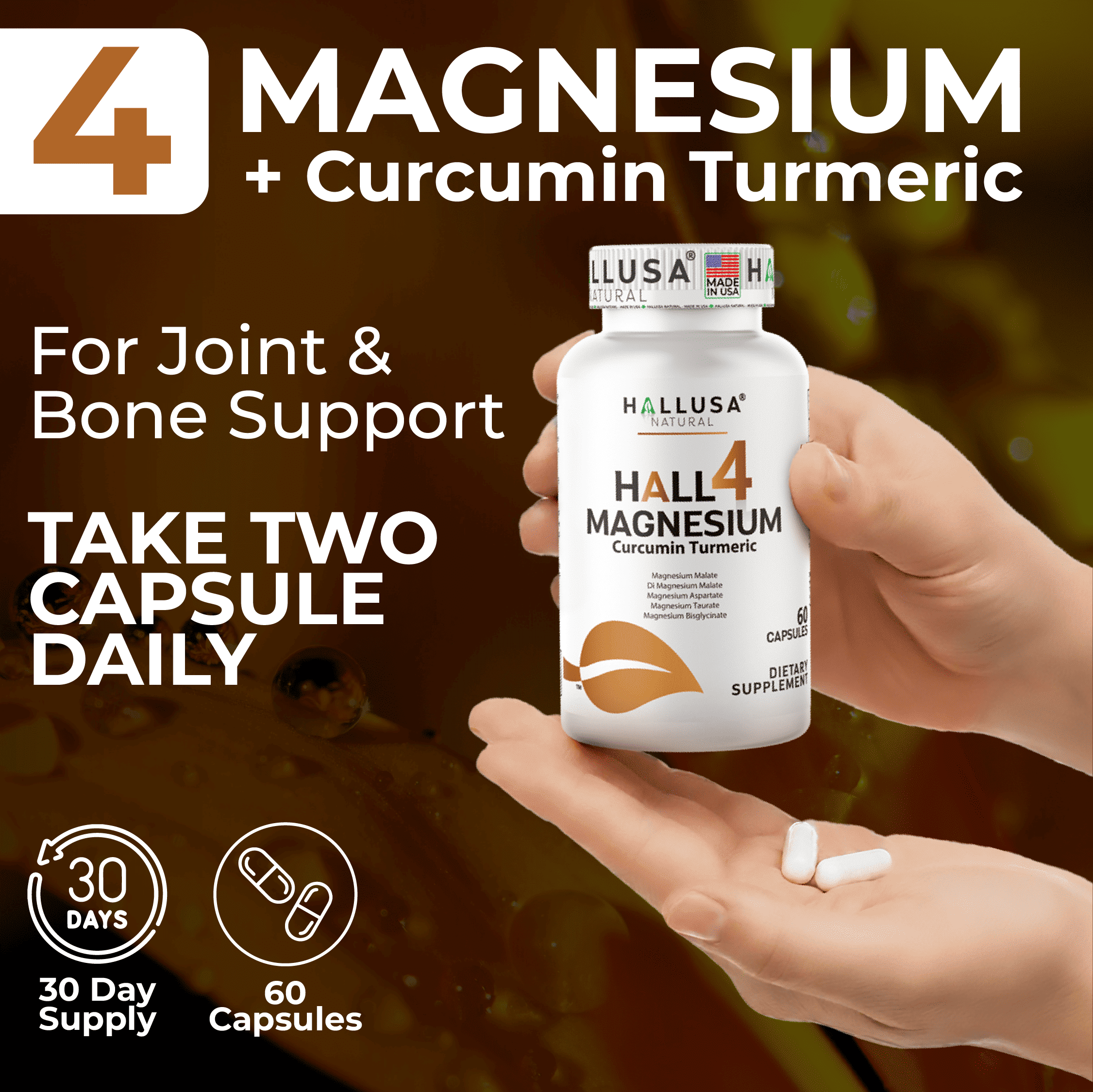 Hallusa Natural 4 Magnesium Complex + Curcumin Turmeric, Malate, Aspartate, Taurate, Bisglycinate - Energy, Muscle Function, Heart Health & Digestion - 60 capsules