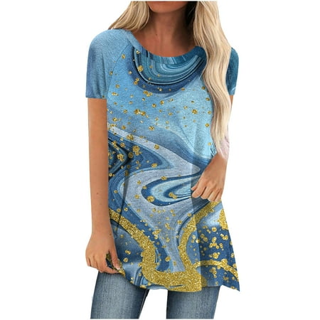 

Long Sleeve Shirts for Women Womens Long Sleeve Tops Trendy Women s Summer Round-Neck Short Sleeve Print Casual T-shirt Blouse Workout Tops on Clearance Workout Tank Tops for Women Blue 2XL