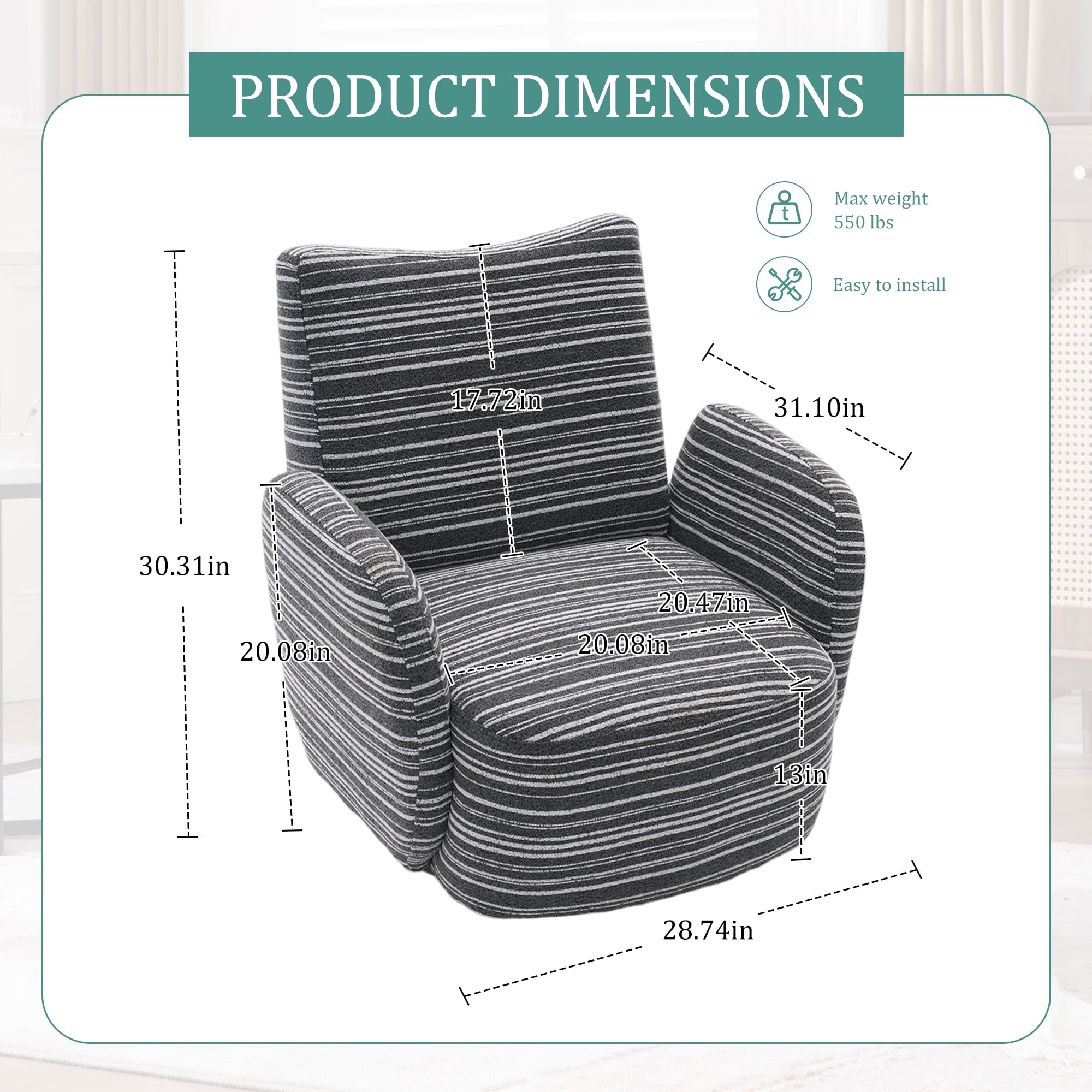 MOONMISS Boucle Upholstered 360°Swivel Fabric Striped Armrest Leisure Chair for Living room-Dark Gray