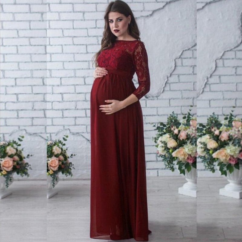 Women Maternity Dress Lace Long Sleeve 