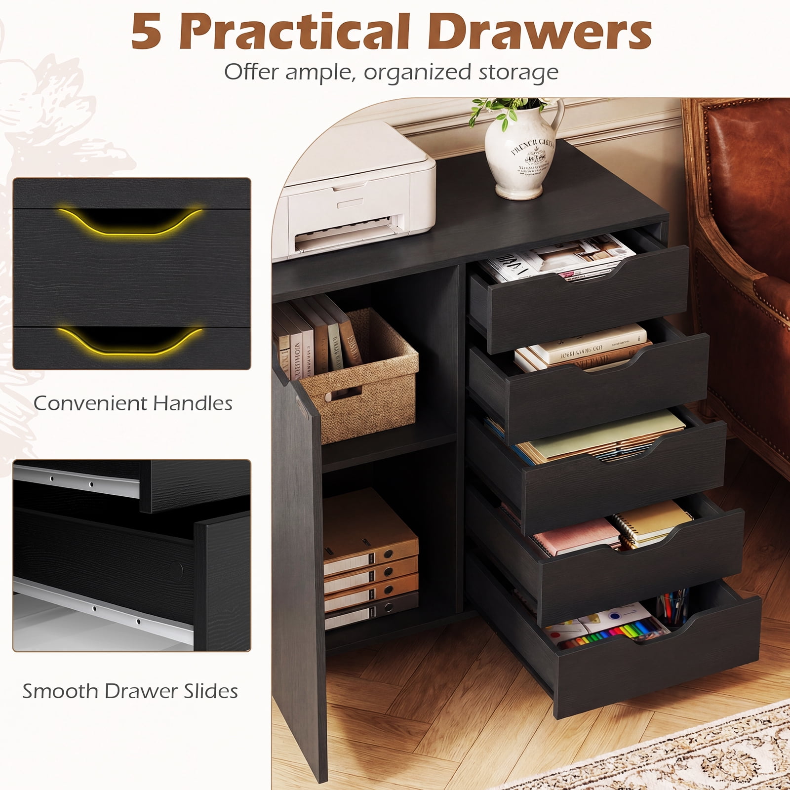 Costway 5-Drawer File Cabinet with Door, Wheels and 5-Level Adjustable Shelf for Home Black