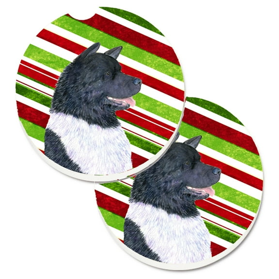 Akita Candy Cane Holiday Christmas Set of 2 Cup Holder Car Coasters